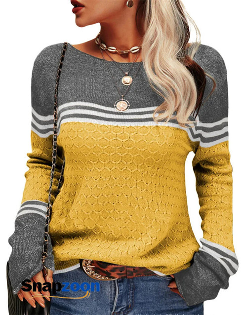 2023 Women's Autumn/Winter Color Matching Pullover Round Neck Stripe Slim Fit Knitted Top Casual Elegant Color Matching Sweater