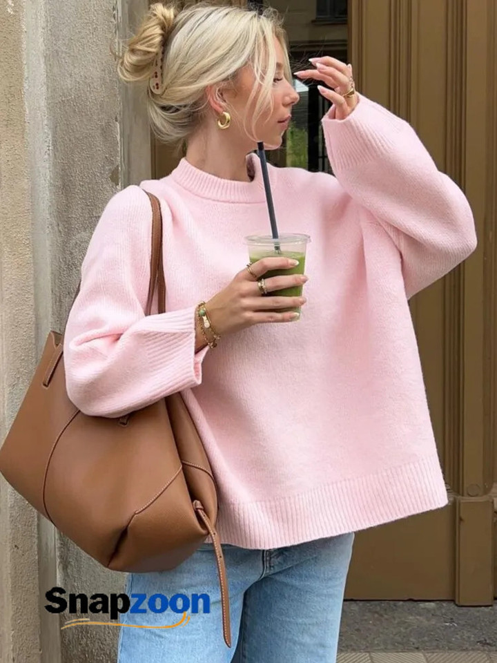 Fashion Pink Solid Warm Thick Loose Sweater Women Elegant O-neck Long Sleeve Knitted Pullover Top Autumn Female Tops Jumpers