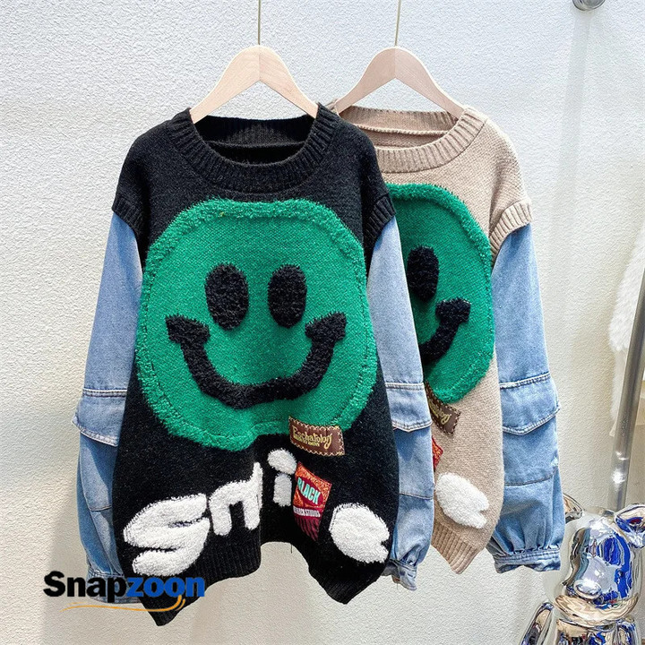 Autumn Winter New Fashion Knitted Women Sweater Fake Two-piece Denim Stitching Sweater Loose Top Coat