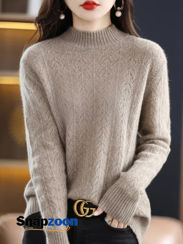 Spring Autumn 100% Merino Wool Mock-neck Pullover Sweater For Women Hollow Out Cashmere Knitwear New Fashion Female Clothing Top