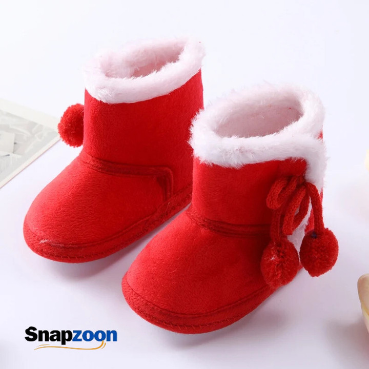 Baywell Winter Baby Warm Red Boots - Fluffy Flock Snow Slip On Shoes for Girls Toddler 0-18 Months