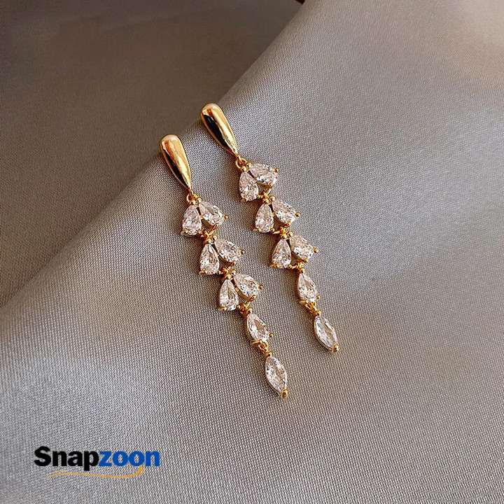 Shiny Zircon Tassel Leaf Shape Gold Color Earrings For Womans New Fashion Jewelry Wedding Party Unusual Girl's Luxury Earrings