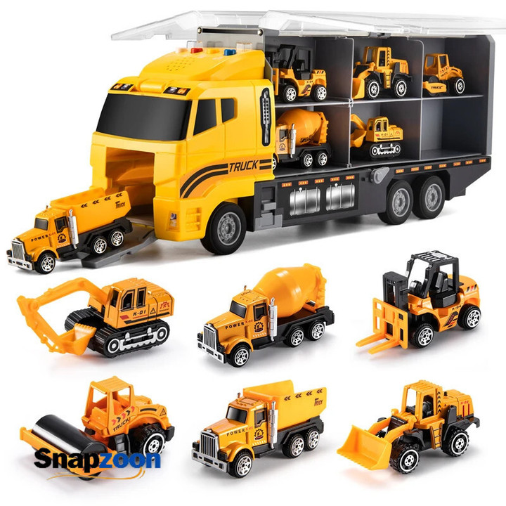 TEMI Big Container Transporter Playset with Play Mat & 6PCS Mini Engineering Vehicle Car Model Toys For Kids Boys Gifts