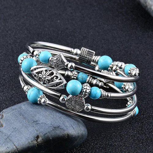 New Natural Turquoise/Tigereye Winding Bracelet Multi-Circle Layered Natural Stone Beaded Bracelets for Women Girls Jewelry