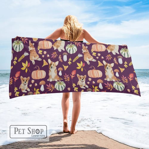 Cute Corgi Dog Autumn Pumpkins Beach Towel Quick Dry Microfiber Towel Beach Blanket for Adults Kids Outdoor Picnic Blanket