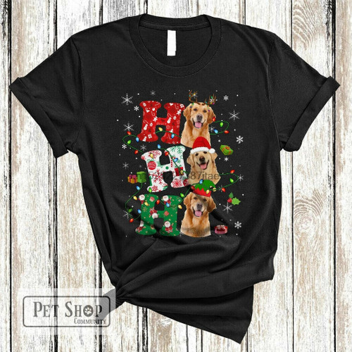 Ho Ho Ho Funny Christmas Lights Santa Elf Reindeer Golden Retriever Dog T-Shirt