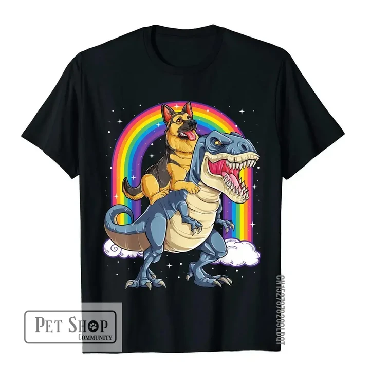 premium German Shepherd Riding Dinosaur Rainbow T-Shirt
