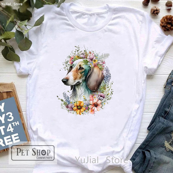 Watercolor Floral Crown Art Dachshund Print T Shirt Girls