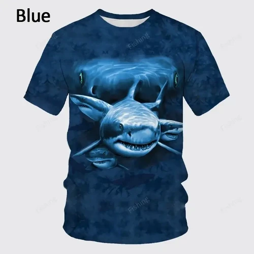 New Blue Shark 3D Printing Men's Short-sleeved T-shirt Personality Casual Great White Shark Round Neck T-shirt
