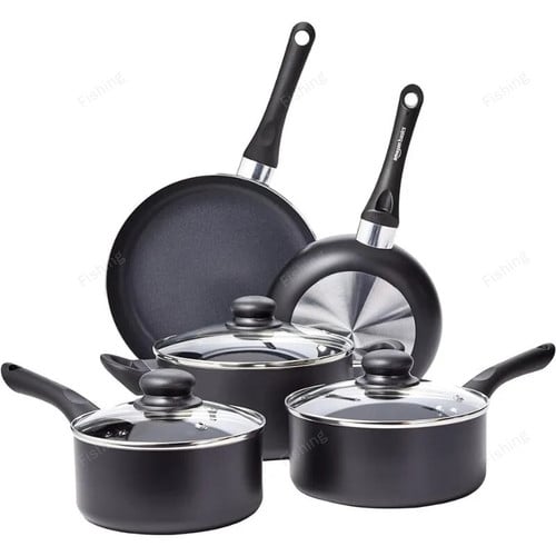 Kitchen Cooking Pot Set Non-stick Cookware 8-piece Set, Pot and Pan Including Pot Lid Black