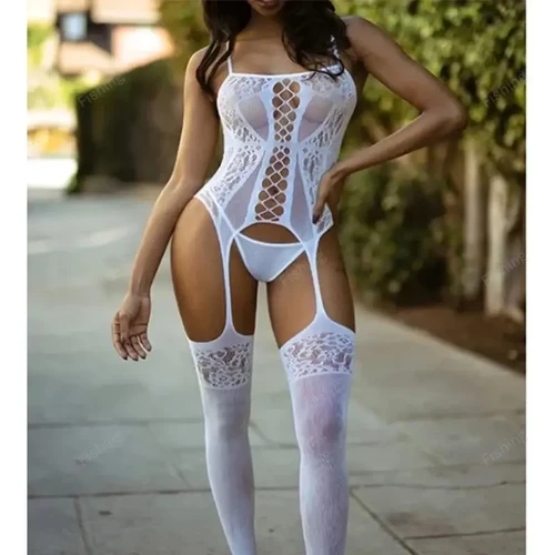 Sexy Fishnet Garter Bodystocking, Hollow Out Full-Body Sleeveless Mesh Bodysuit, Women's Sexy Lingerie & Underwear