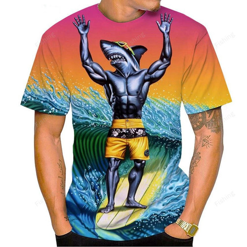 New Hot Sale Shark Surf Shark 3D Printing Men's Short Sleeve T-Shirt Fashion Casual Harajuku Style Shark Art Short Sleeve Top
