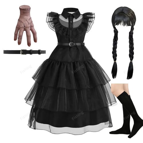 Children Addams Costume Baby Girls Family Cosplay Halloween Costume Kids Family Dancing Black Dress Wednesday Pageant Fantasy