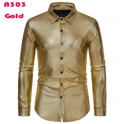 Silver Metallic Sequins Glitter Shirt Men 2023 New 70's Disco Party Halloween Costume Chemise Homme Stage Performance Shirt Male