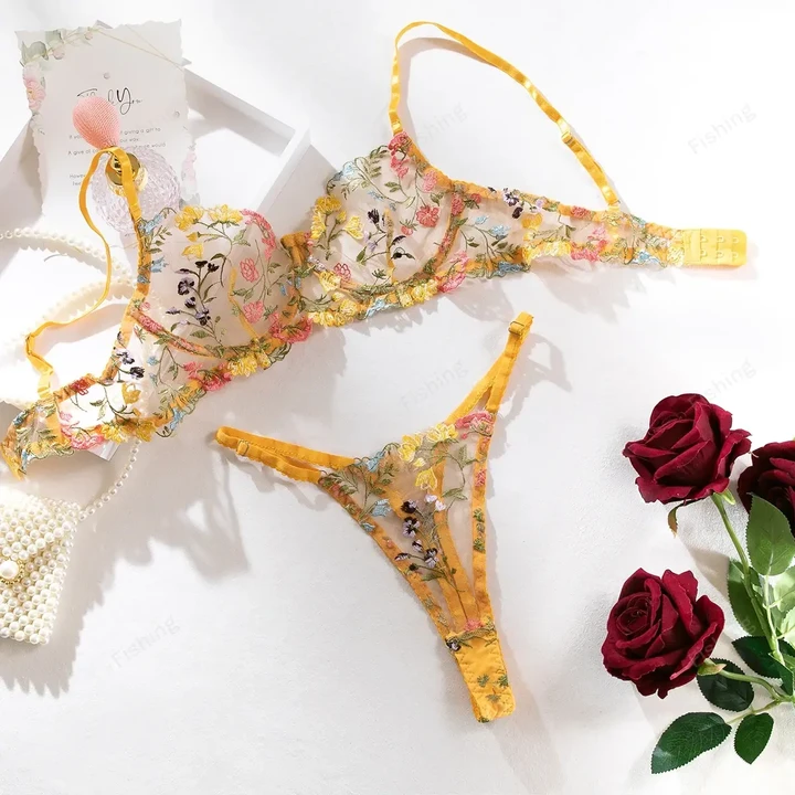 Yimunancy 2-Piece Lace Bra Set Women Floral Embroidery Underwear Set Transparent Khaki Panty Set