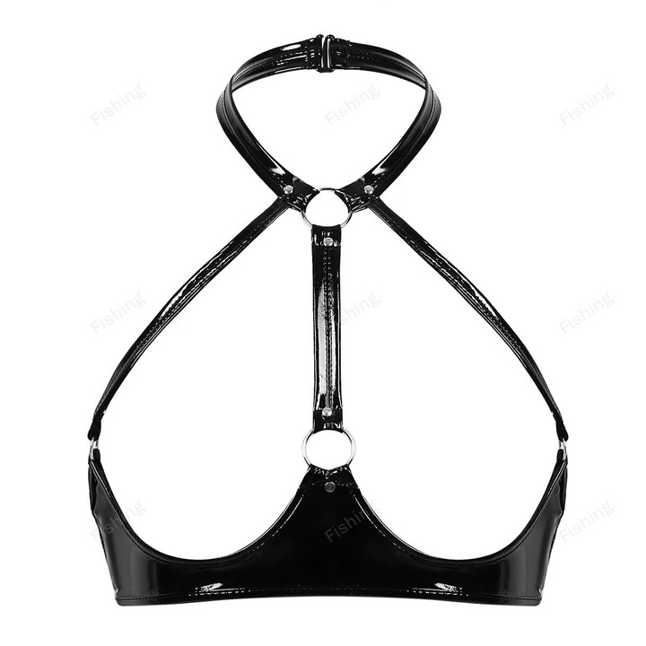 Womens Wet Look Bra Tops Patent Leather Lingerie Tops Sexy Halter Neck Open Cups Unlined Exposed Bra Exotic Bralette Nightwear