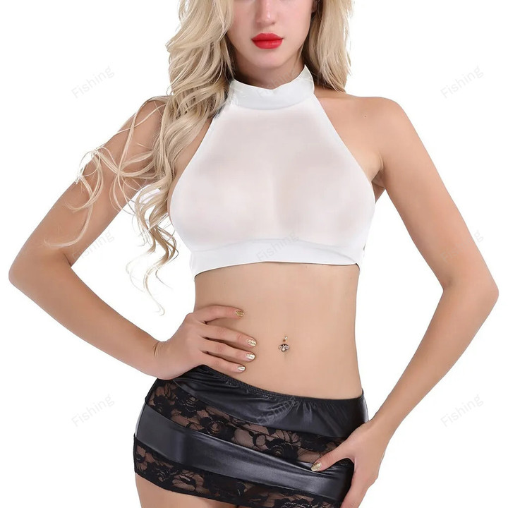 2023 Women'S Sexy Neck Hanging Integrated Bra Women'S Sheer Mesh See-Through Short Sleeve Crop Tops Casual T Shirt Ropa Interior