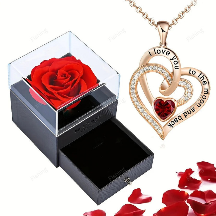 Luxury Love Heart Zircon Necklace With Rose Gifts Box For Women Girlfriends 2023 New Fashion Valentine Christmas Jewelry Gift