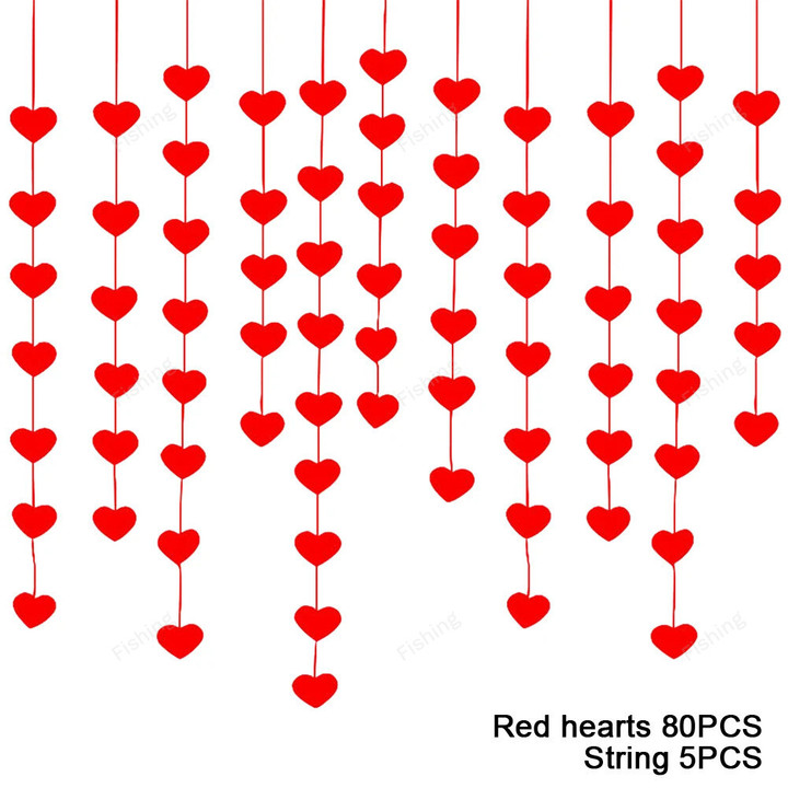 85Red Hearts Felt Garland Valentines Day Red Heart Hanging String Garland Valentine Wedding Birthday Party Decor Supplies