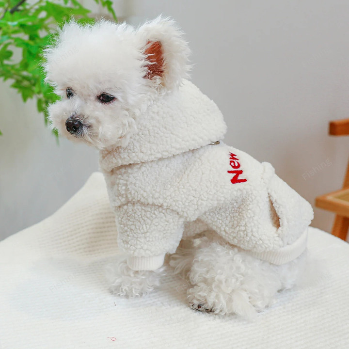 1PC Pet Apparel Dog Cat Autumn/Winter Thickened Warm White New York Coat Hoodie With Drawstring Buckle For Small Medium Dogs
