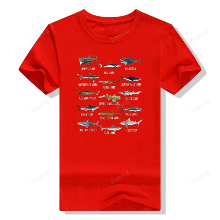Shark Species Biology Different Types of Sharks T-Shirt Comics Apparel for Kids Adults Y2K Tops Graphic Tee Tops Gift Idea