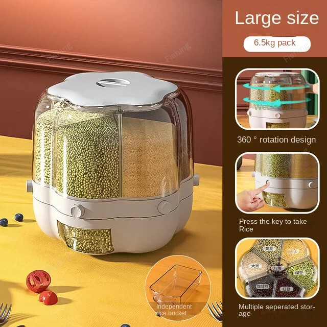 Household Storage Container Large Food Storage Container 360° Rotating Rice Barrels Sealed Cereal Dispenser Rice Tank Grain Box