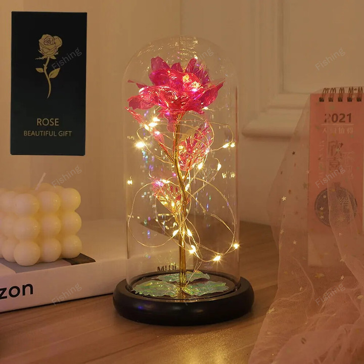 Valentines Day Gift for Girlfriend Eternal Rose LED Light Foil Flower In Glass Cover Mothers Day Wedding Favors Bridesmaid Gift