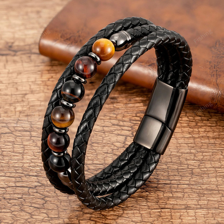 2021 Trendy Multilayer Leather Bracelets Men Jewelry 9 Style Round Stone 8mm Beaded Bracelets For Male Women Valentine Day Gifts