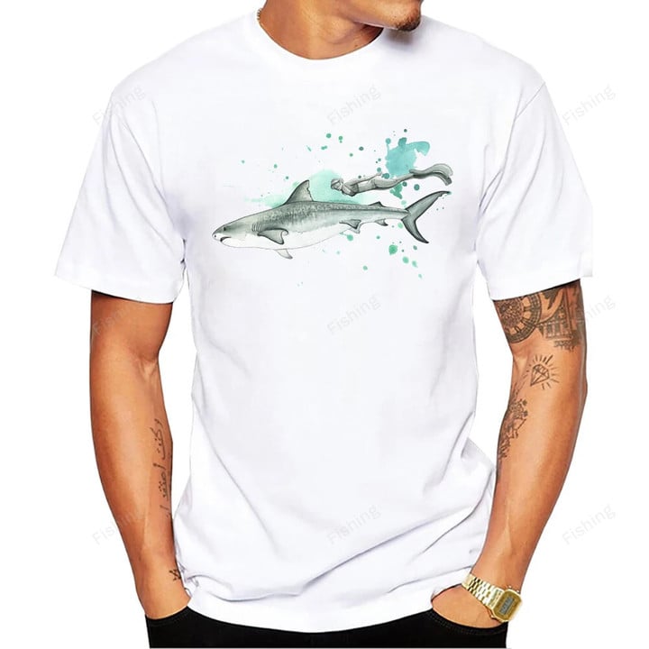 TEEHUB Vintage Sea Animals Tops Whale Shark Ray Print Men's T-Shirt O-Neck Men Clothing Short Sleeve Male Casual Streetwear