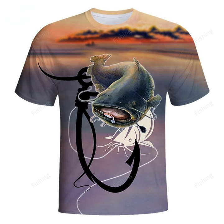 Men's T Shirt 3D Catfish Printed Outdoor Go Fishing Tracksuits Fashion Casual O-neck Short Sleeve Tops Summer Oversized T-shirt