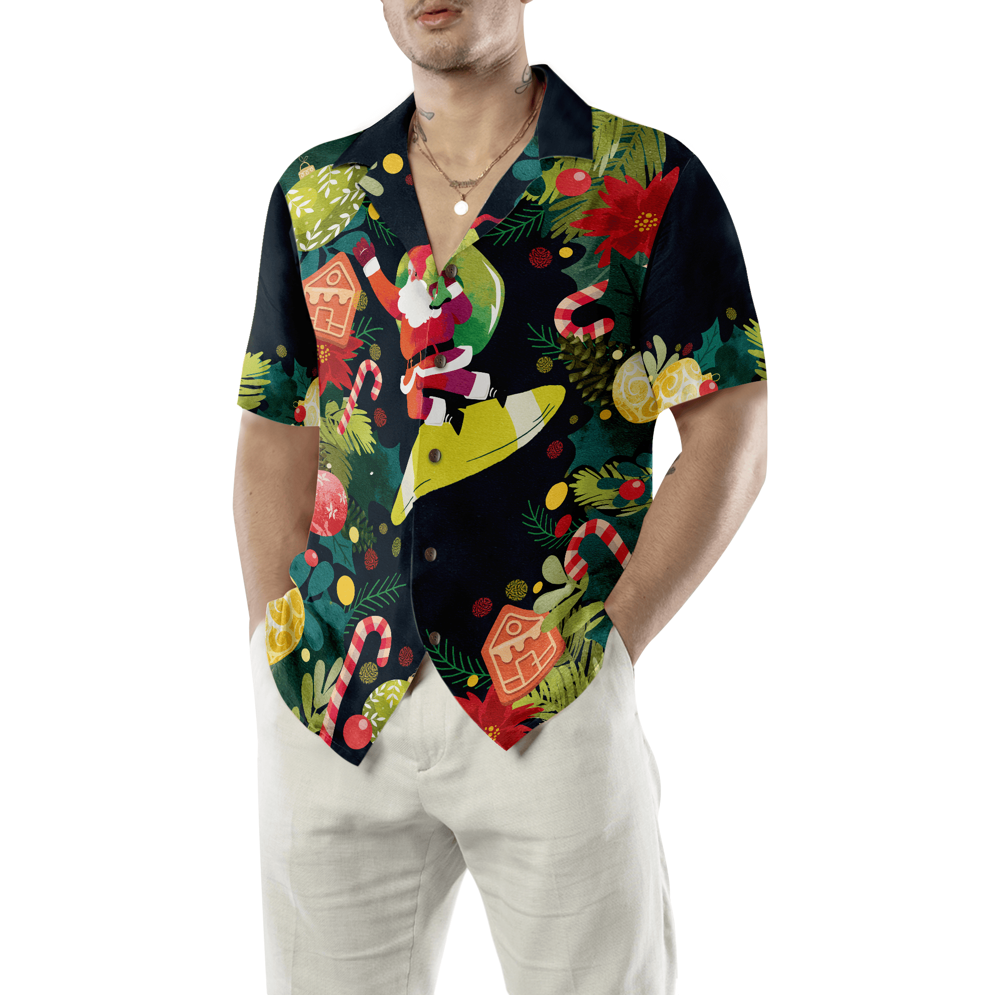 Hyperfavor Christmas Santa Surfing Hawaiian Shirt, Christmas Shirts Short Sleeve Button Down Shirt for Men and Women
