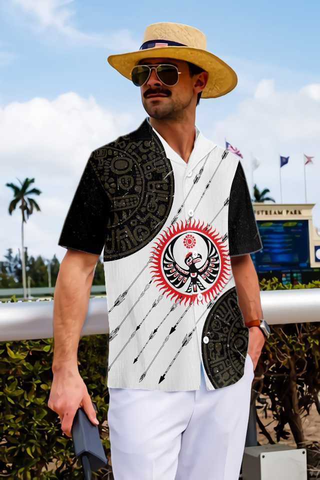 Native American Eagle And Sun Hawaiian Shirt, Vintage Ethnic Pattern American Indian Shirt