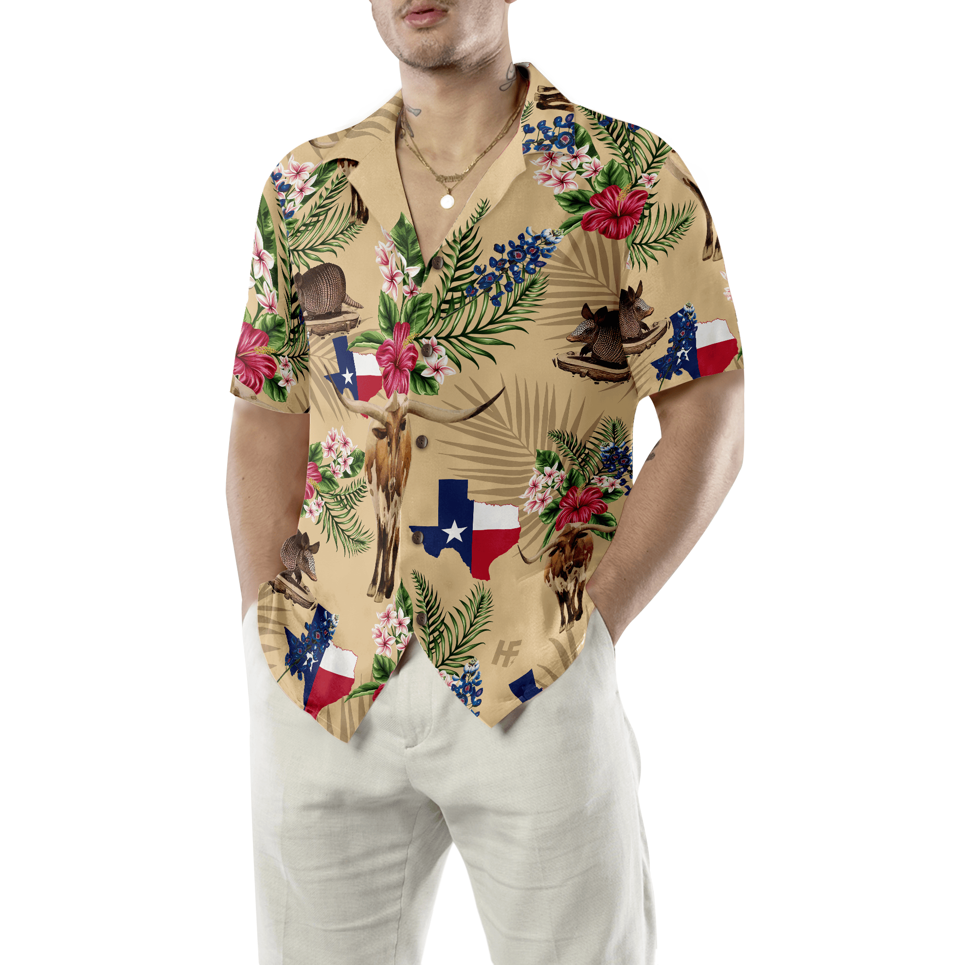 Brown Tribal Pattern Texas Hawaiian Shirt For Men, Armadillo And Longhorn Texas State Shirt, Proud Texas Flag Shirt For Men