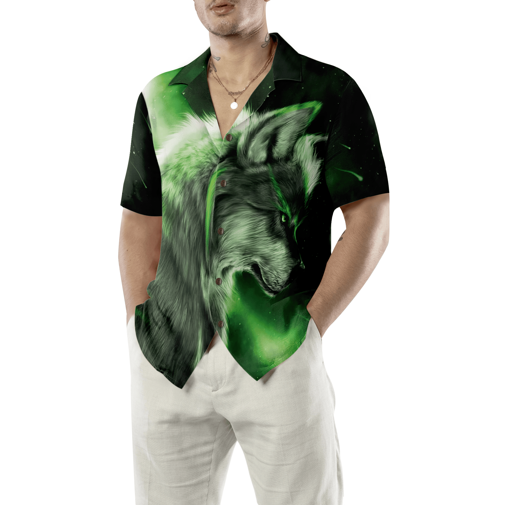 Fantasy Green Wolf Hawaiian Shirt