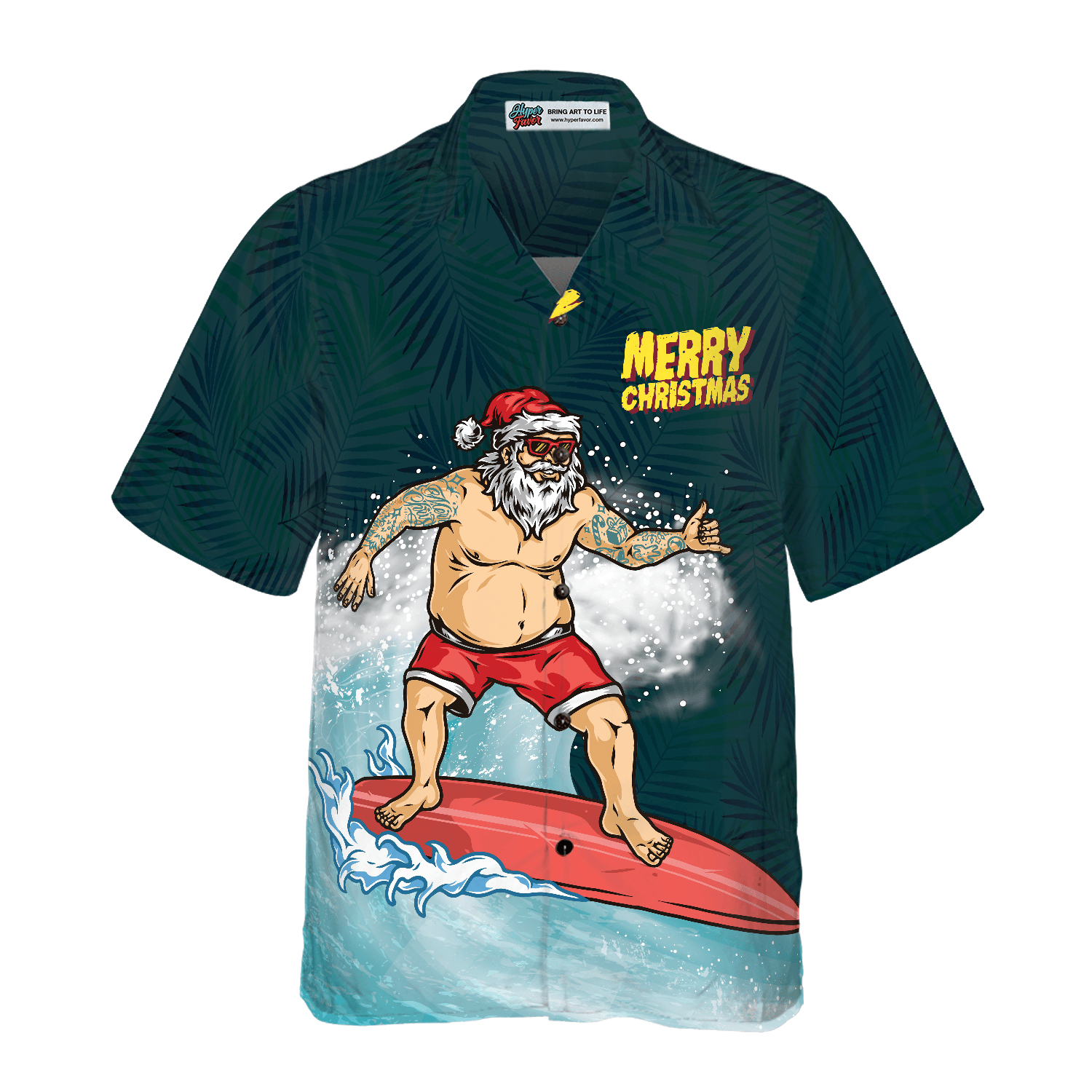 Hyperfavor Christmas Hawaiian Shirts, Surfing Santa Claus Merry Christmas Shirt Short Sleeve, Christmas Shirt Idea Gift For Men And Women