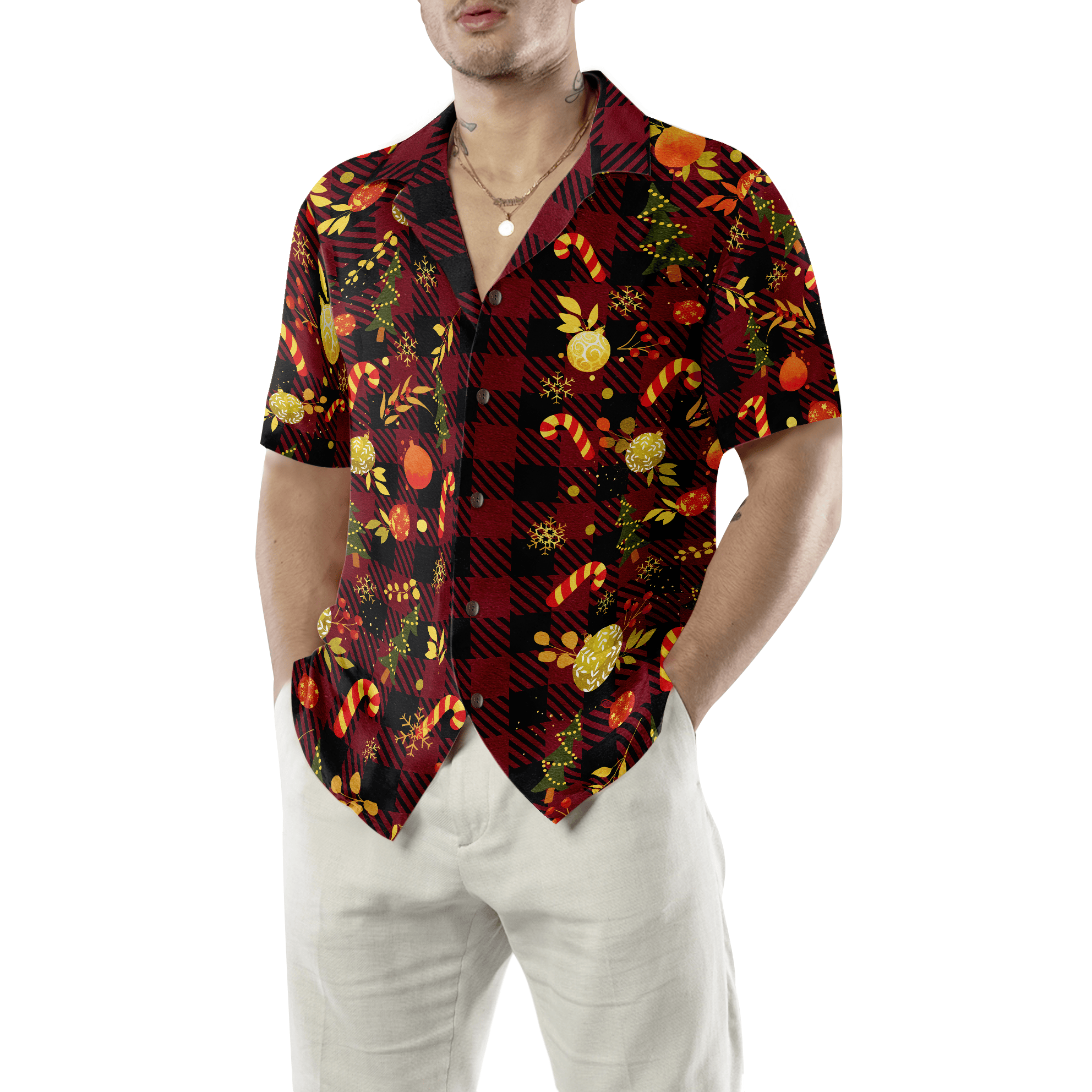 Hyperfavor Christmas Hawaiian Shirts For Men and Women, Christmas Red Plaid Pattern Hawaiian Shirt Button Down Shirt Short Sleeve