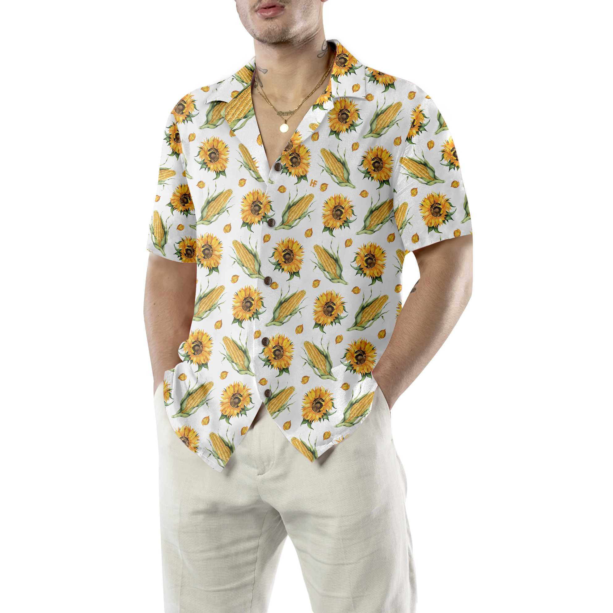 Corn And Sunflower Pattern Floral Corn Hawaiian Shirt, Corn Shirt For Adult, Corn Print Shirt