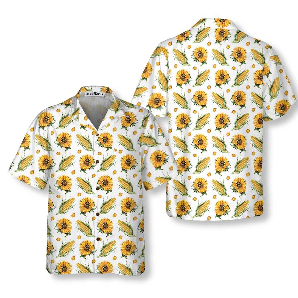 Corn And Sunflower Pattern Floral Corn Hawaiian Shirt, Corn Shirt For Adult, Corn Print Shirt