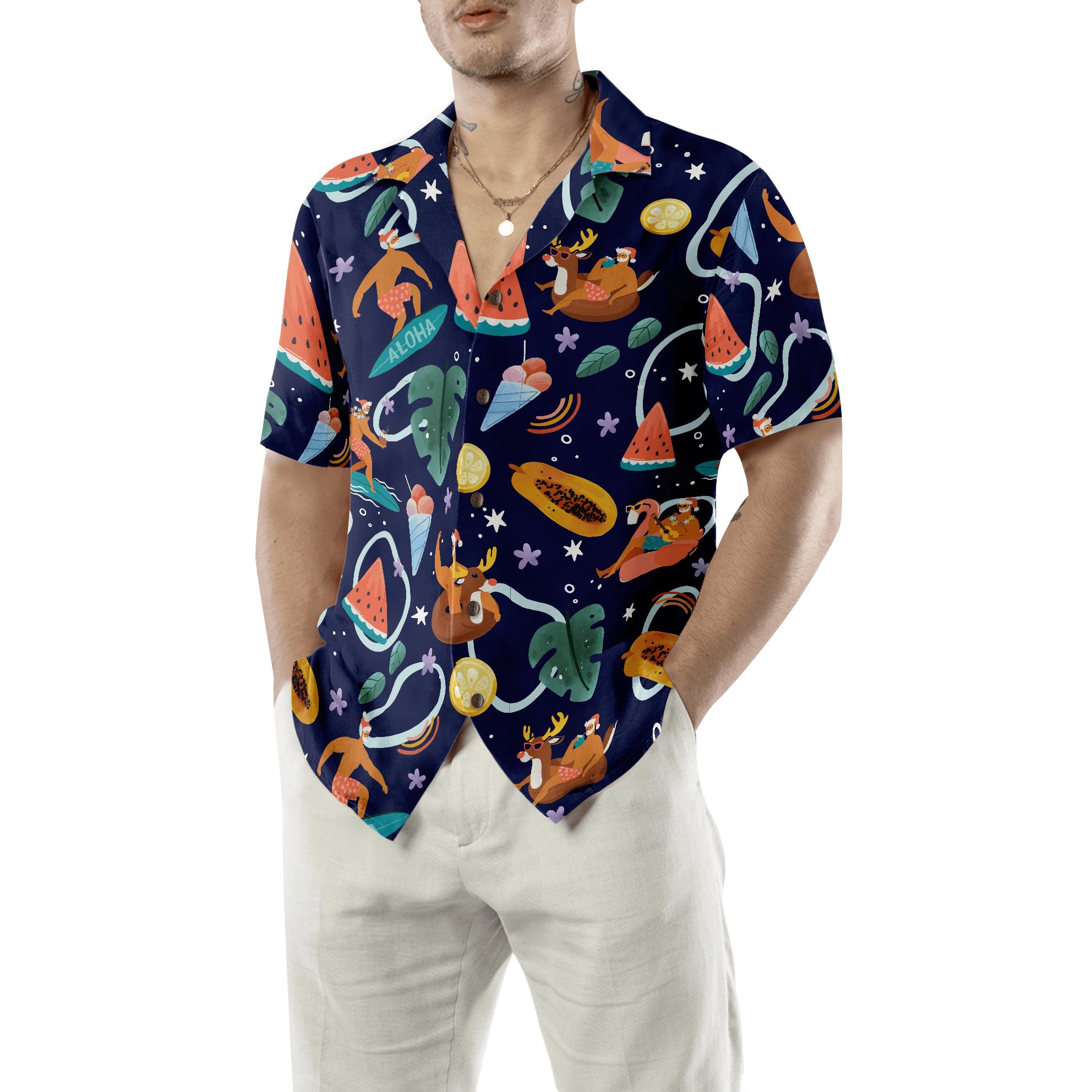 Hyperfavor Santa Beach 1 Pattern Hawaiian shirt, Christmas Shirts Short Sleeve Button Down Shirt For Men And Women