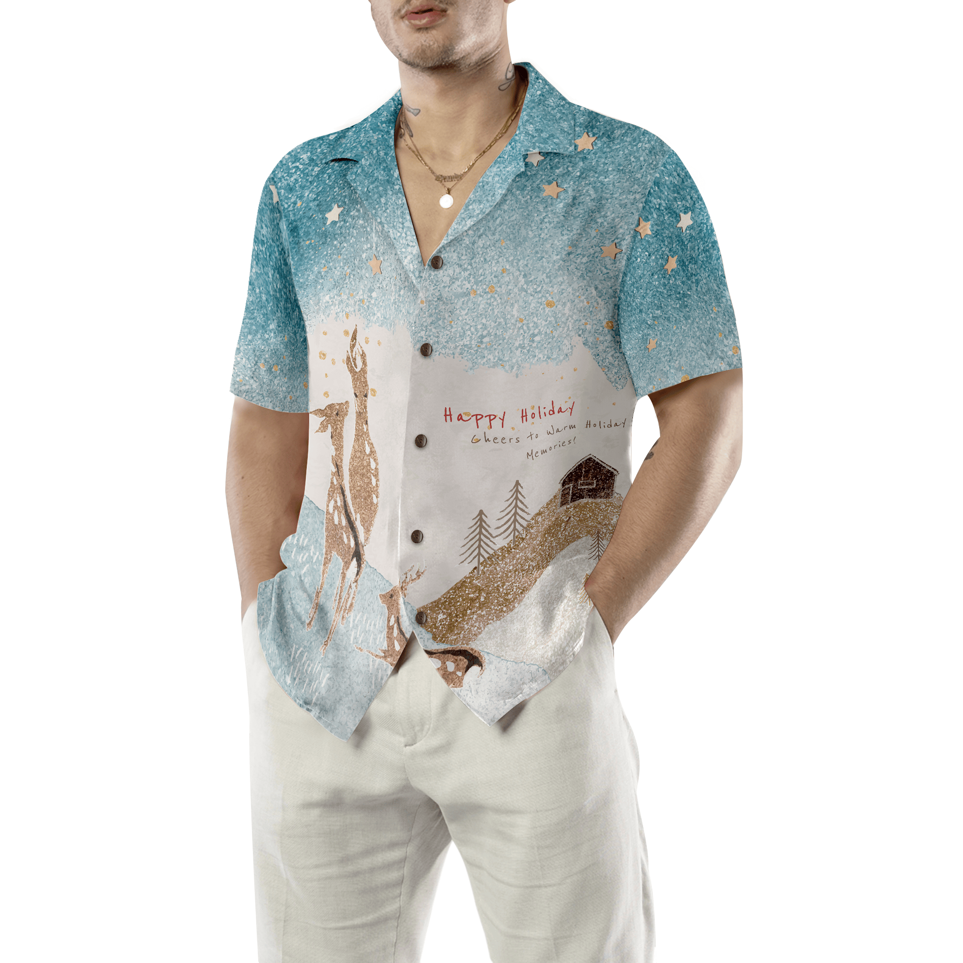 Hyperfavor Reindeer Snow Light Hawaiian shirt, Christmas Shirts Short Sleeve Button Down Shirt For Men And Women