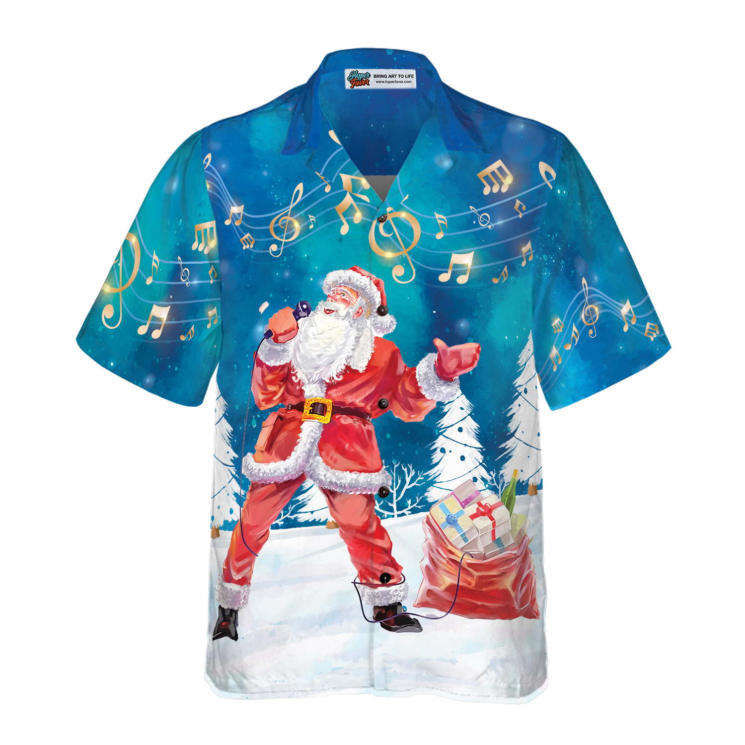 Hyperfavor Christmas Hawaiian Shirts For Men and Women, Santa Sing Music Hawaiian Shirt Button Down Shirt Short Sleeve