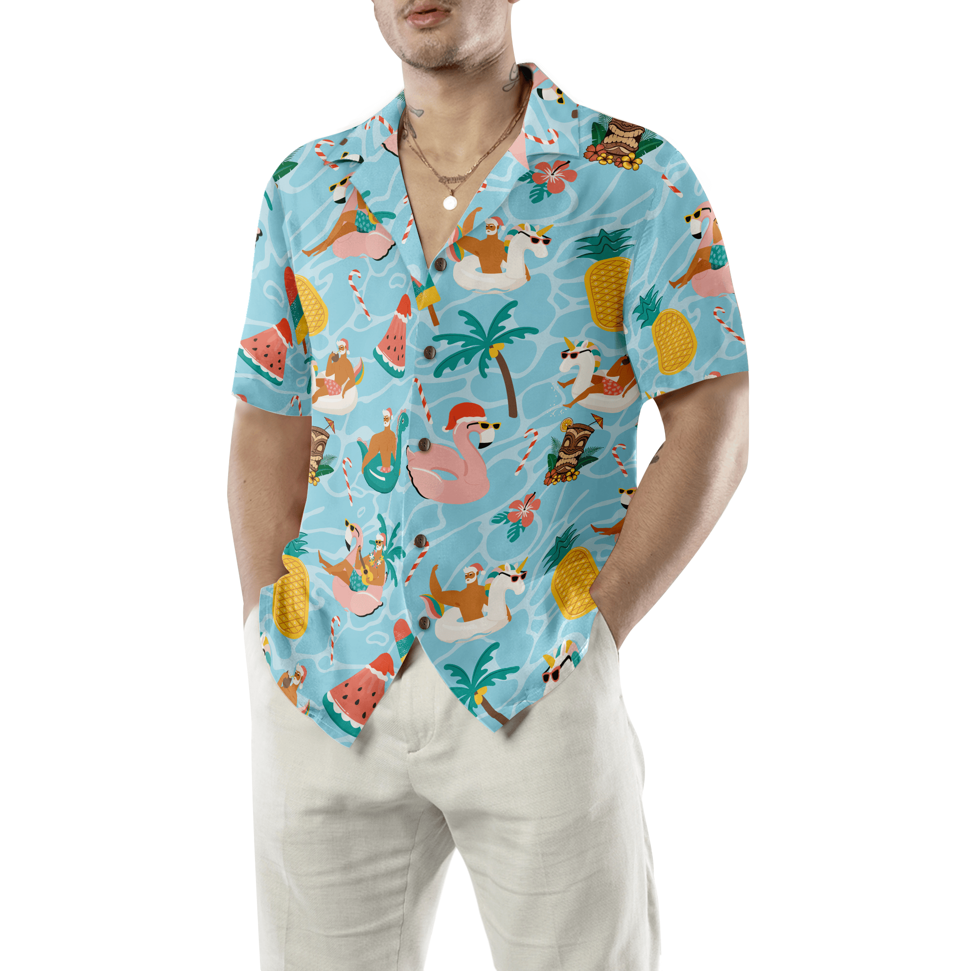 Hyperfavor Christmas Hawaiian Shirts, Santa Beach Summer Shirt Short Sleeve, Christmas Shirt Idea Gift For Men And Women
