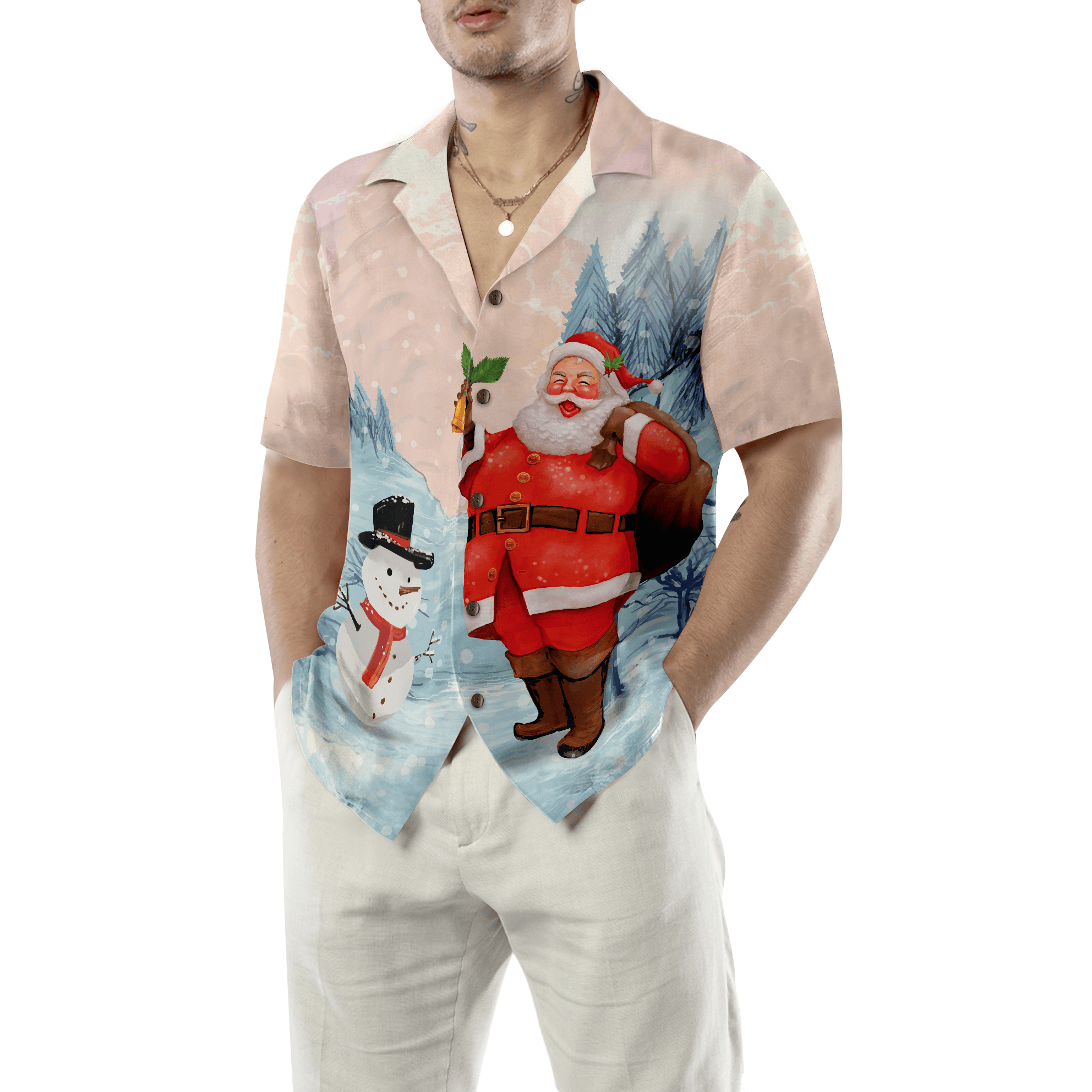 Hyperfavor Christmas Hawaiian Shirts,Santa With Snowman Shirt Short Sleeve, Christmas Shirt Idea Gift For Men And Women