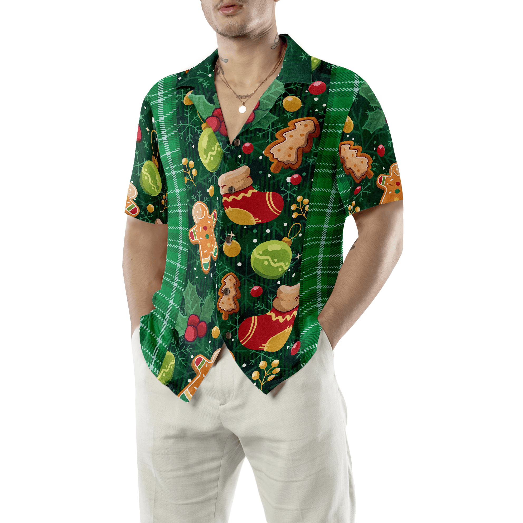 Hyperfavor Christmas Green Plaid Pattern Hawaiian shirt, Christmas Shirts Short Sleeve Button Down Shirt For Men And Women
