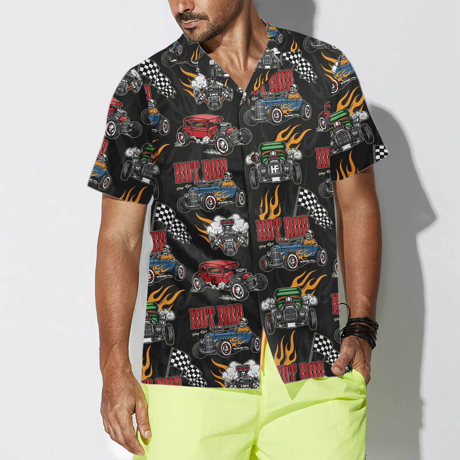 Colorful Hot Rod Pattern Hawaiian Shirt, Racing Hot Rod Shirt For Men