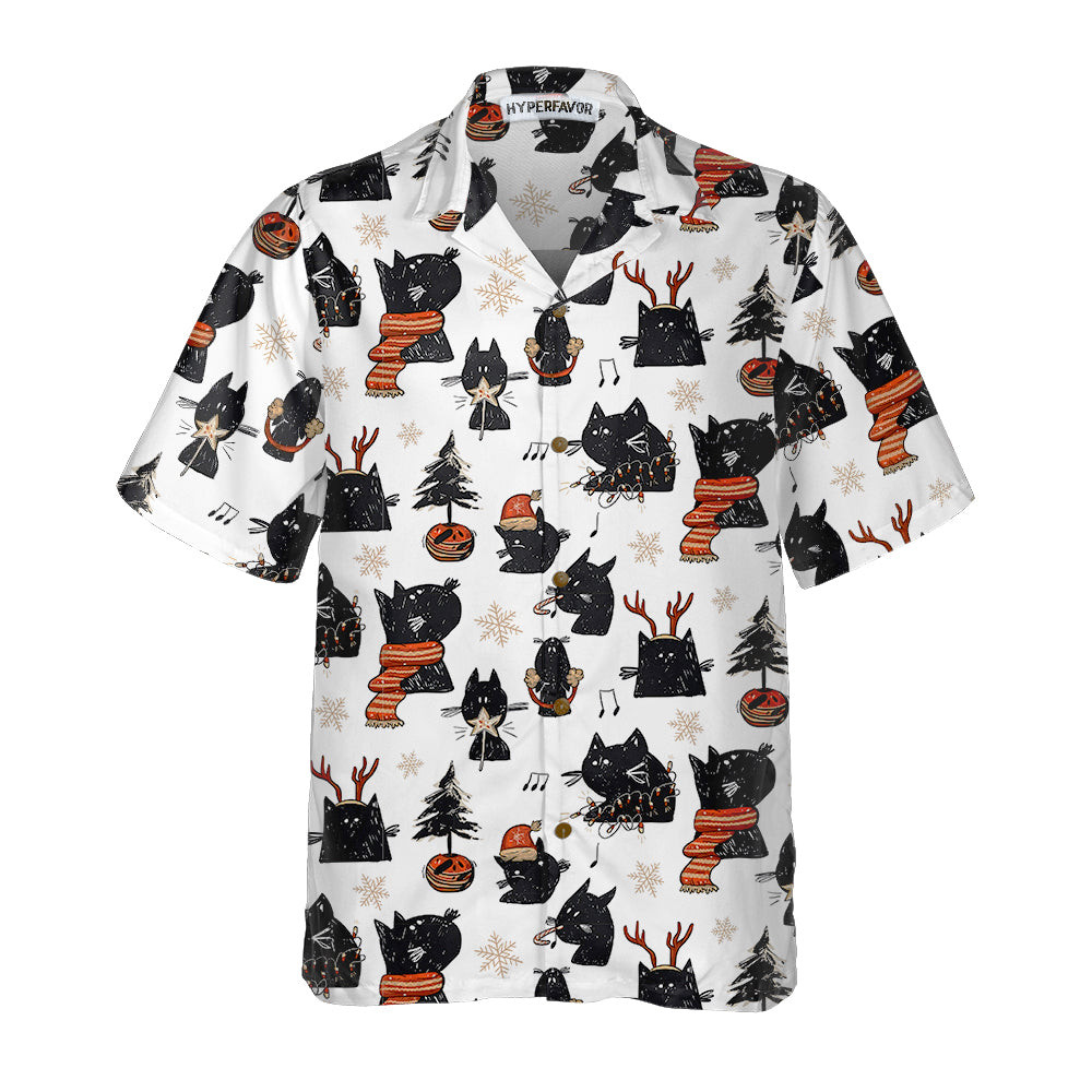 Cartoon Black Cat Merry Christmas Hawaiian Shirt, Funny Christmas Cat Shirt, Best Xmas Gift Idea