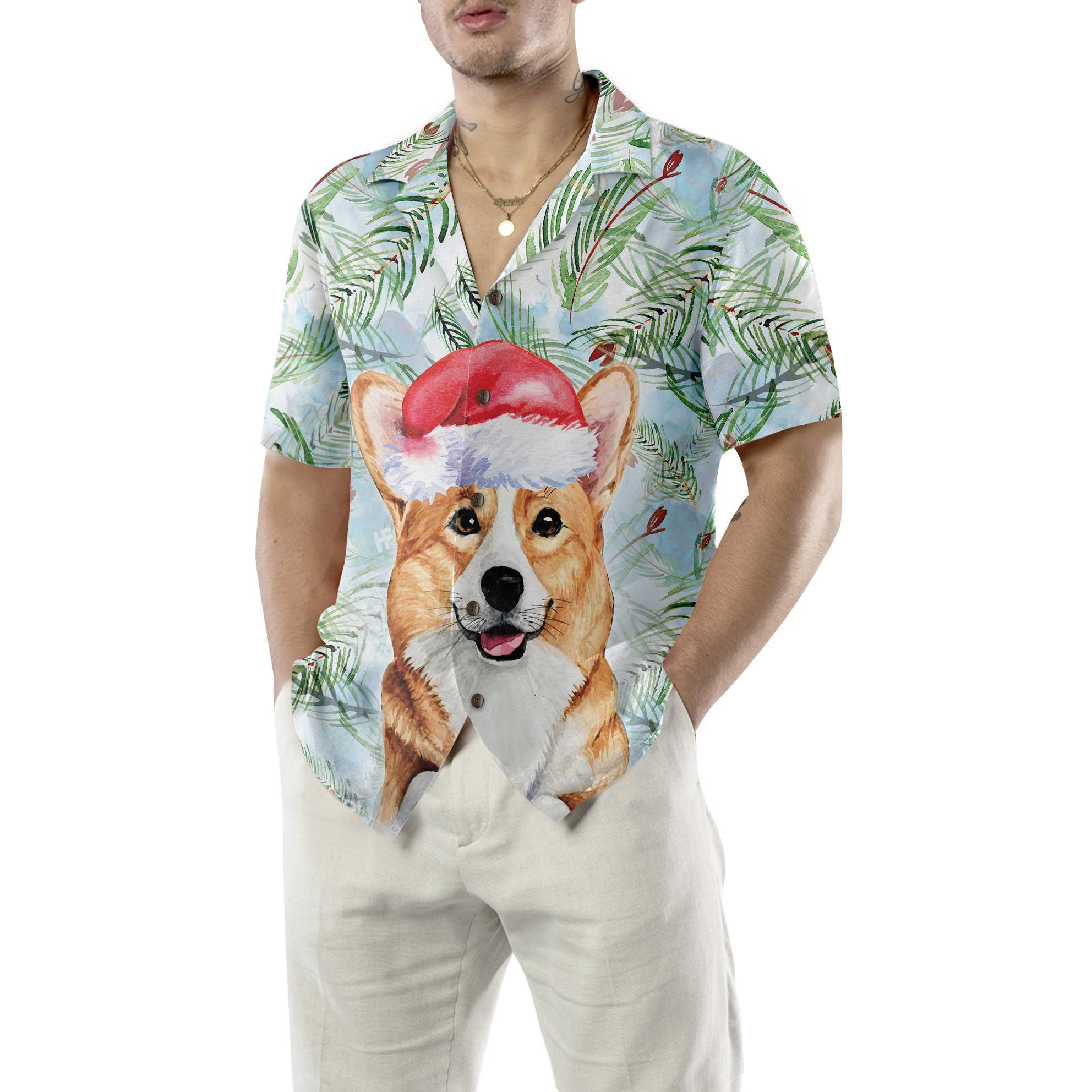 Corgi With Christmas Fir Branches Pattern Hawaiian Shirt, Corgi Christmas Shirt, Best Christmas Gift Idea