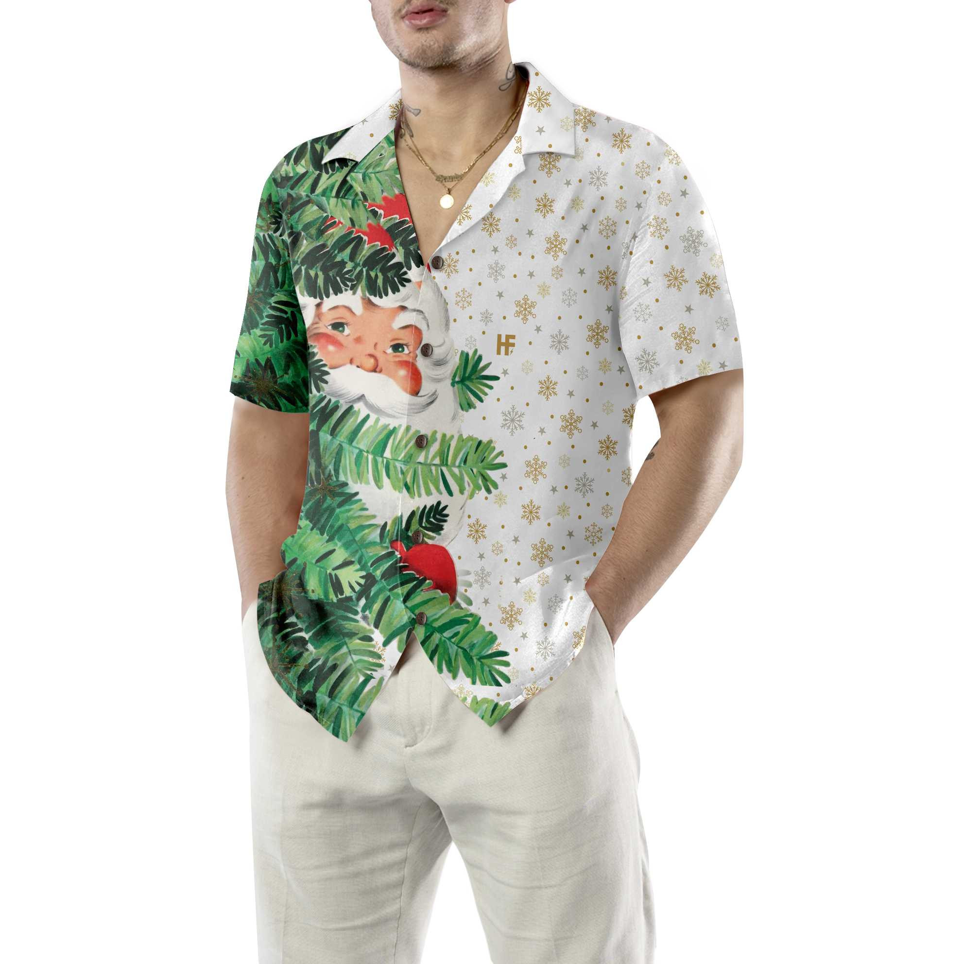 Hi Santa Behind Christmas Tree Christmas Hawaiian Shirt, Cute Santa Claus Hawaiian Shirt