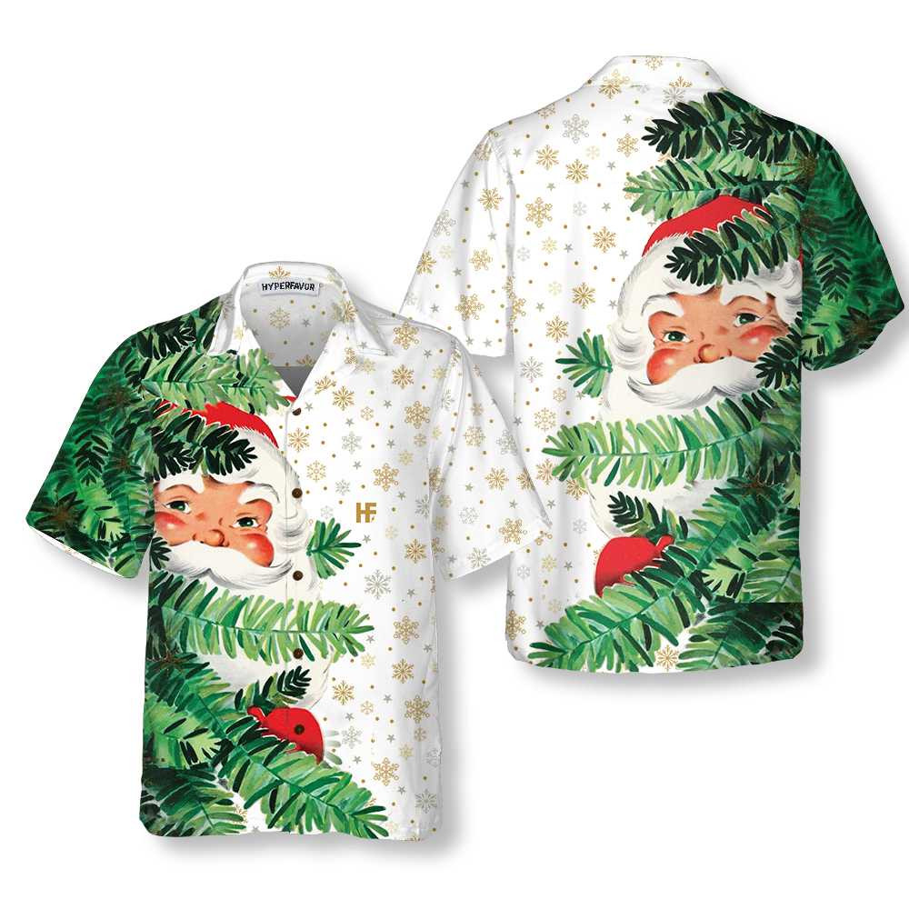 Hi Santa Behind Christmas Tree Christmas Hawaiian Shirt, Cute Santa Claus Hawaiian Shirt