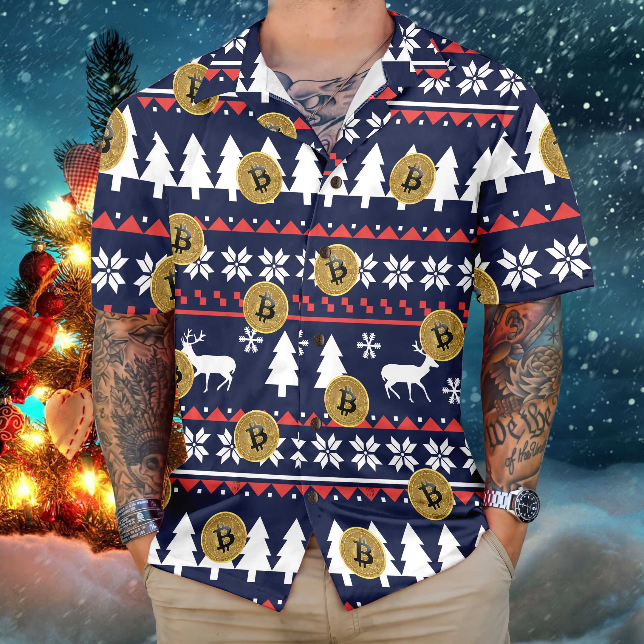 Bitcoin Ugly Christmas Pattern Hawaiian Shirt, Funny Christmas Hawaiian Shirt For Men